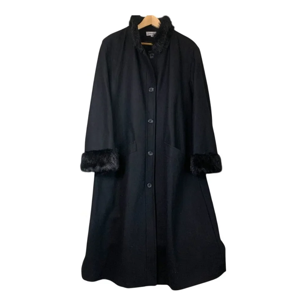 VTG Jonathan Michael Women's Black Wool Blend Long Coat Faux Fur Trim‎ Size 18W - Picture 6 of 15